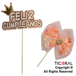 CAKE TOPPER CON 1 MOO FELIZ CUMPLEAOS ROSA